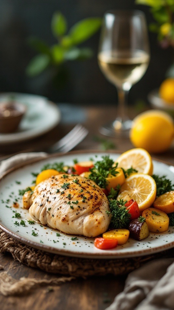 A plate of baked lemon herb chicken with roasted vegetables and lemon slices, accompanied by a glass of white wine.