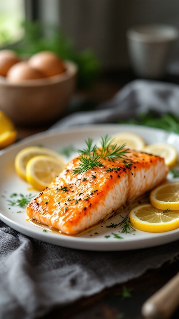 Baked salmon fillet garnished with dill and lemon slices on a white plate