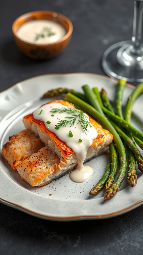 Baked salmon served with dill sauce and asparagus on a plate.