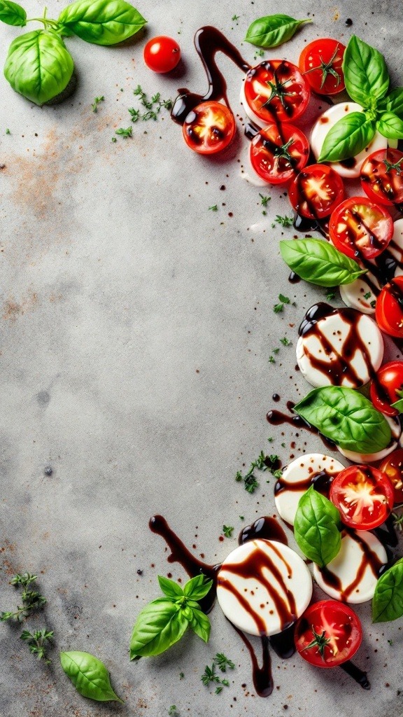 A plate with slices of mozzarella cheese, cherry tomatoes, basil leaves, and a balsamic glaze drizzle.