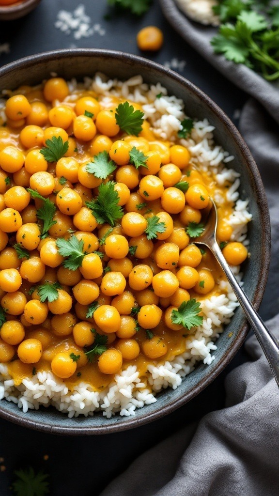 Bowl of coconut curry chickpeas served over rice with green herbs on top.