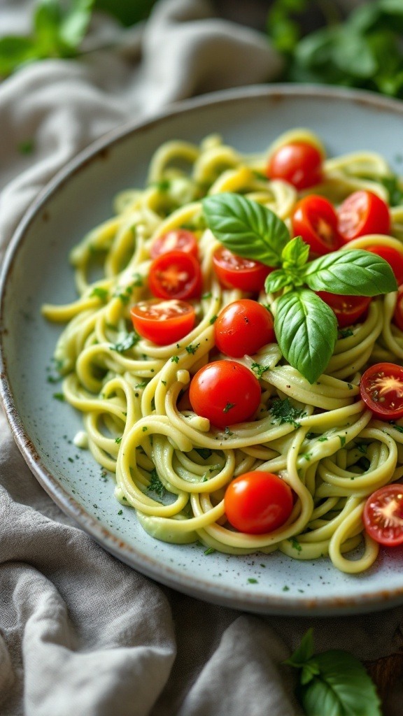 A plate of creamy avocado pasta topped with cherry tomatoes and basil.