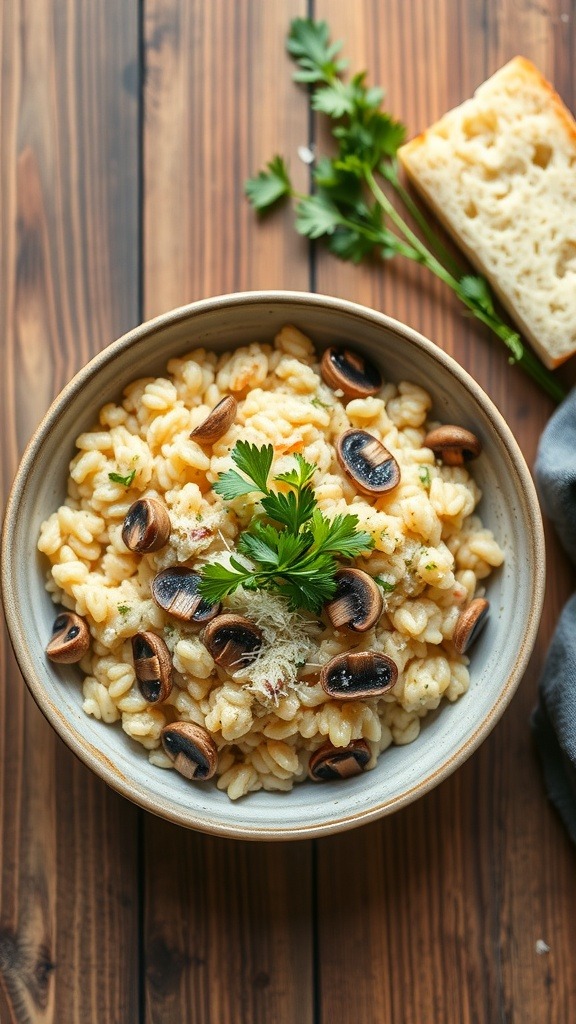 Creamy mushroom risotto served in a bowl with herbs and mushrooms