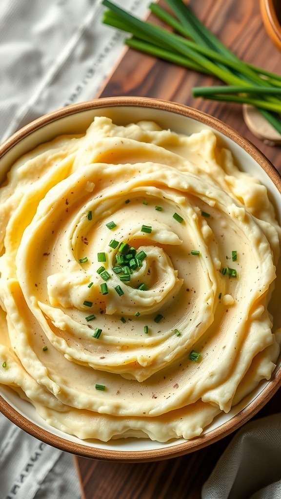 A bowl of creamy herb and garlic mashed potatoes topped with chopped chives.