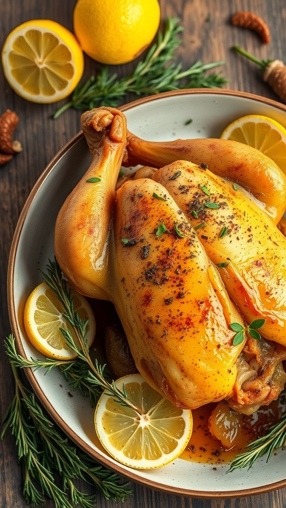 A beautifully roasted chicken garnished with lemon slices and herbs