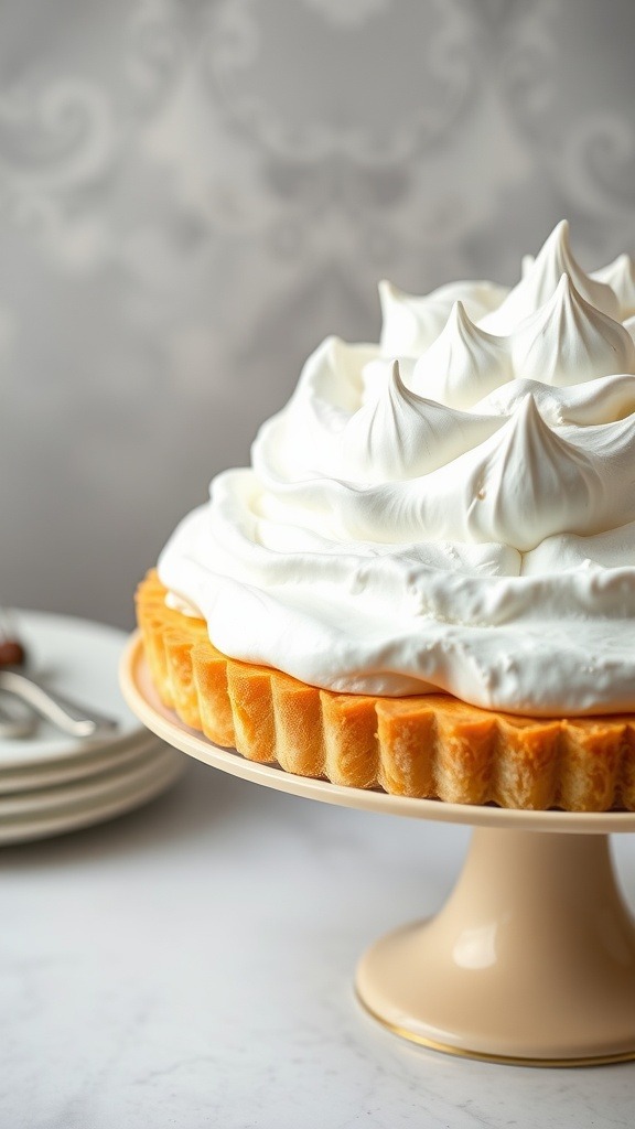 A close-up of a lemon meringue tart with fluffy meringue topping on a pale plate.