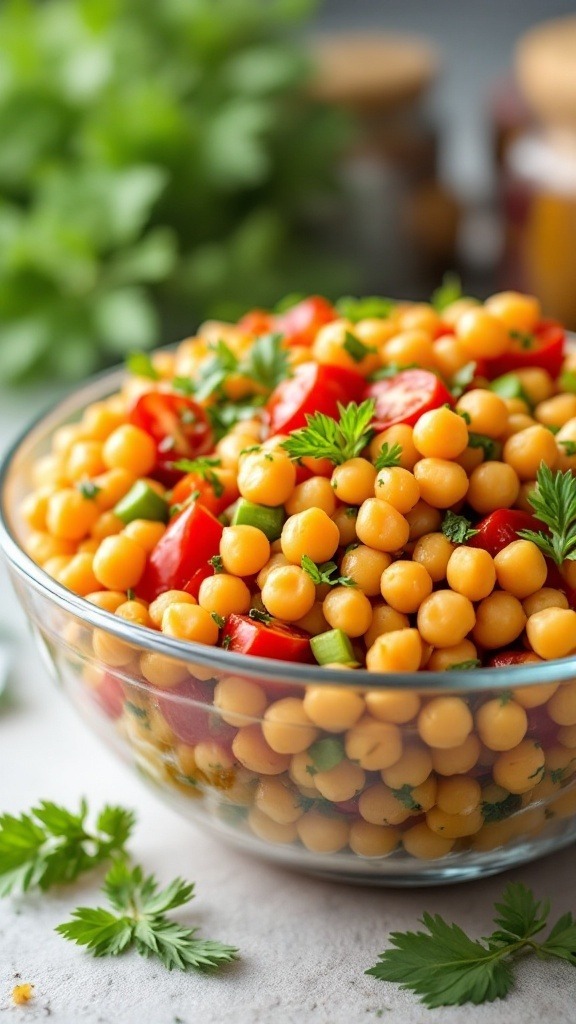 A bowl of Mediterranean Chickpea Salad with colorful ingredients