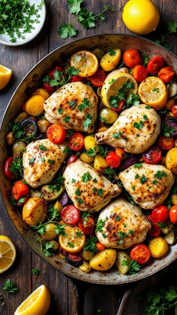One-Pan Lemon Garlic Chicken with colorful vegetables on a wooden surface.