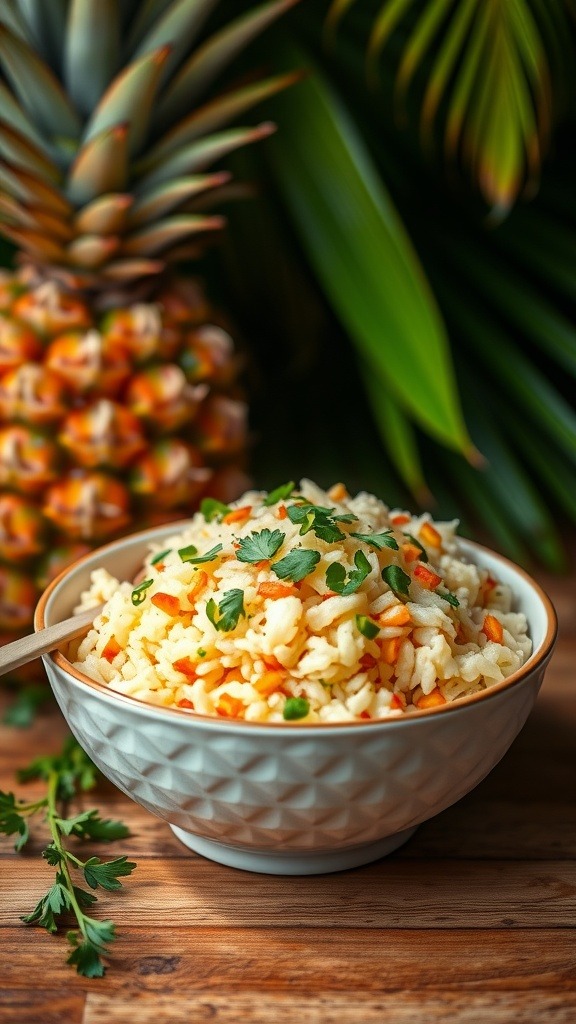A bowl of fluffy pineapple coconut rice topped with green onions and cilantro.
