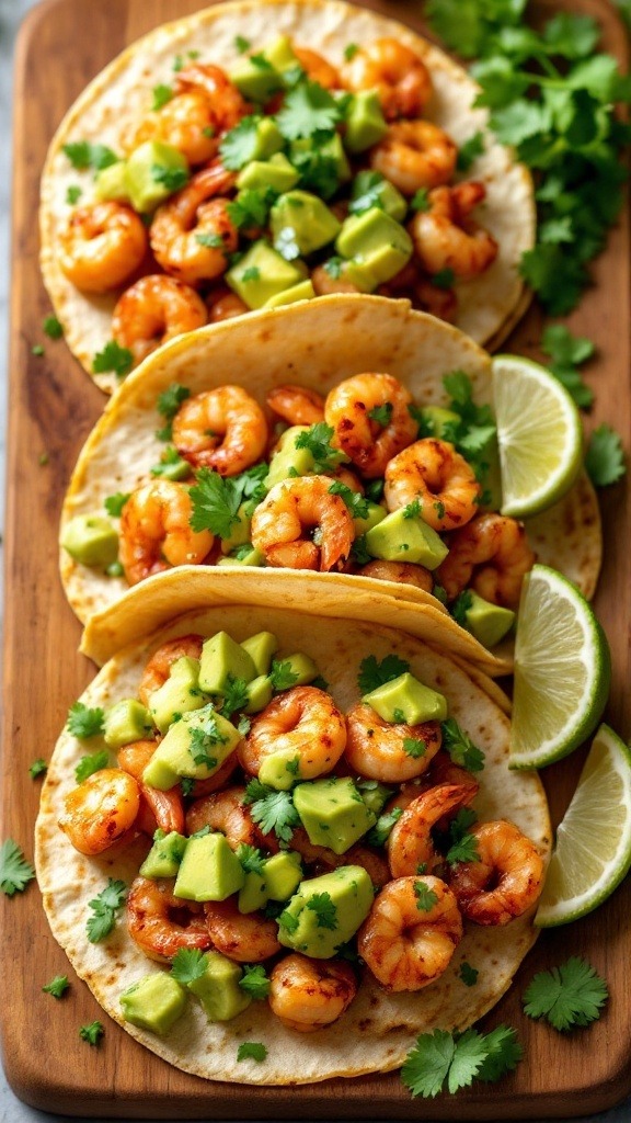 Shrimp tacos with avocado salsa on a wooden board.
