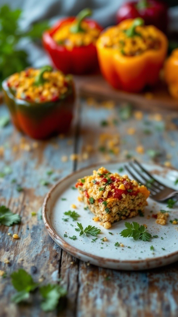 A plate with a slice of quinoa-stuffed bell pepper and whole stuffed bell peppers in the background.
