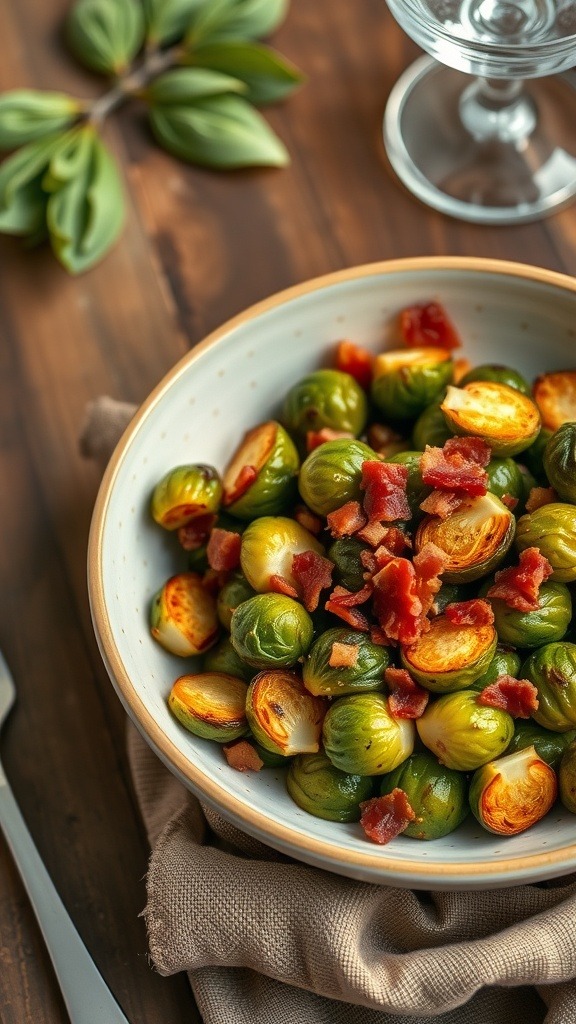 A bowl of roasted Brussels sprouts with bacon, garnished and ready to serve.