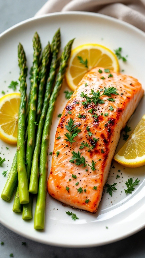 A plate of salmon fillet with asparagus and lemon slices garnished with parsley.