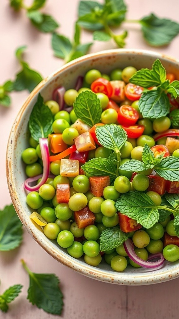A vibrant spring pea and mint salad garnished with fresh mint leaves.