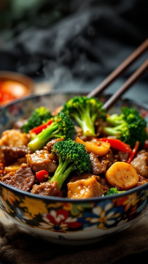 A bowl of stir-fried beef and broccoli with vibrant vegetables