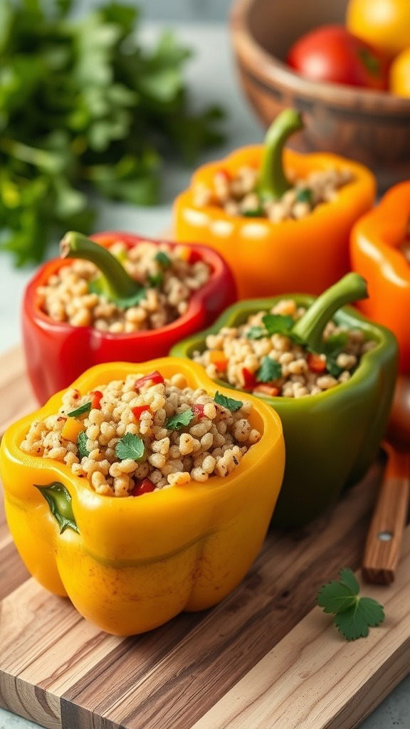 Colorful stuffed bell peppers filled with quinoa and vegetables on a wooden cutting board.