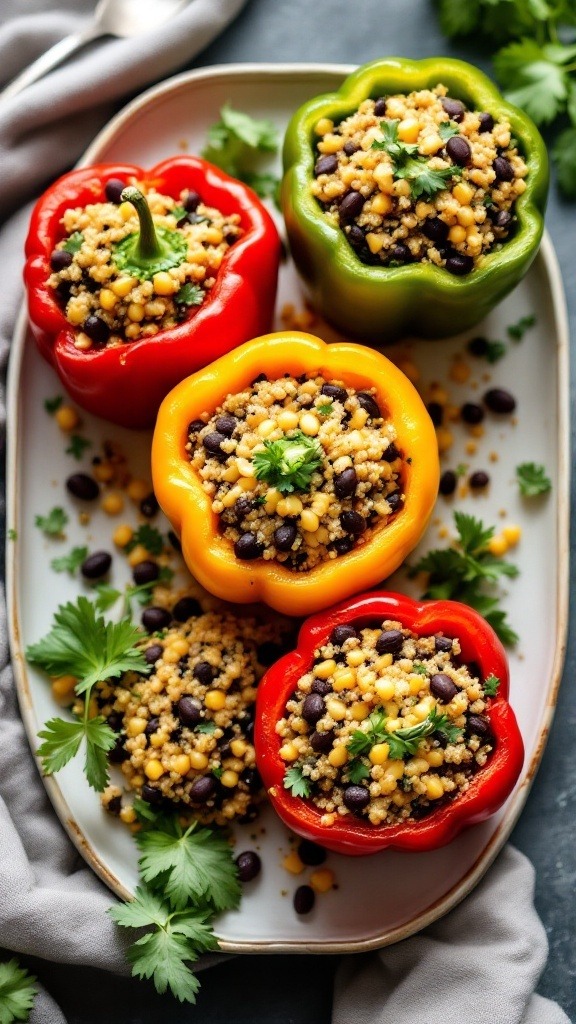 Stuffed bell peppers filled with quinoa and black beans on a platter.