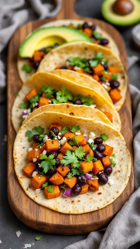 A wooden platter with sweet potato and black bean tacos topped with cilantro and served with avocado slices.