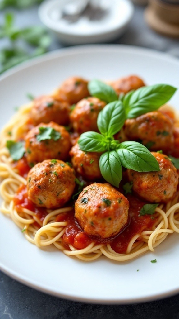 Plate of turkey and spinach meatballs served over spaghetti with marinara sauce and fresh basil