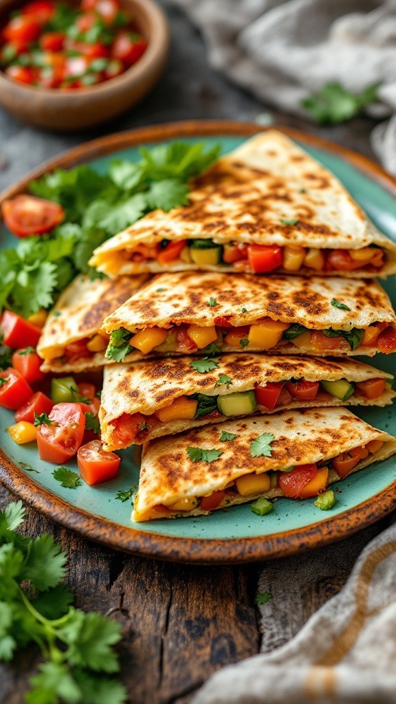 A stack of vegetable quesadillas served with fresh salsa and chopped cilantro.