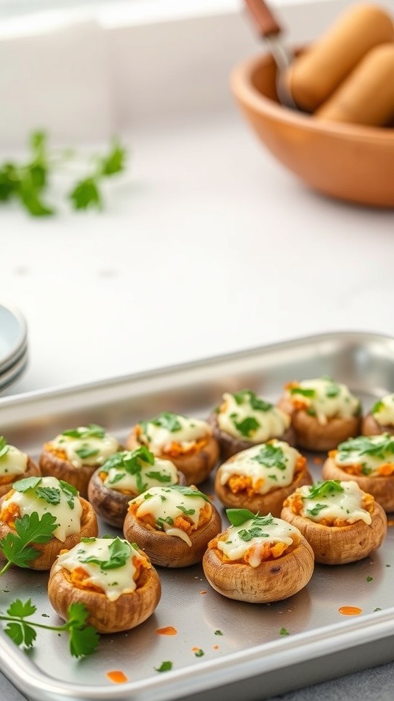 A tray of vegetarian stuffed mushrooms topped with cheese and garnished with herbs
