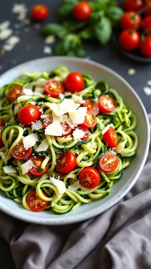 A bowl of zucchini noodles topped with cherry tomatoes and cheese