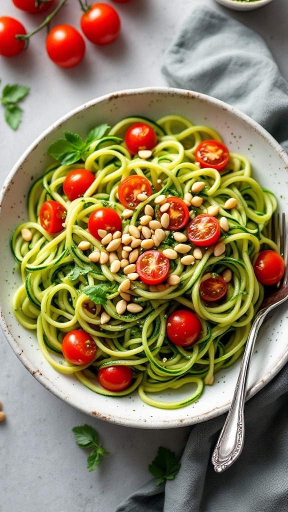 A bowl of zucchini noodles tossed with pesto and cherry tomatoes, garnished with pine nuts.