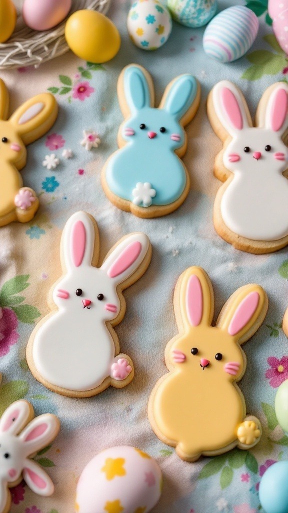 A variety of bunny-shaped sugar cookies in pastel colors, decorated with icing, on a floral tablecloth surrounded by Easter eggs.