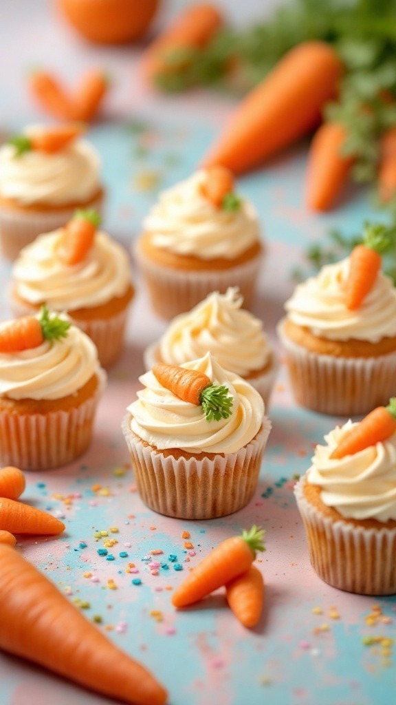 Carrot cake cupcakes topped with cream cheese frosting and mini carrots, surrounded by colorful sprinkles and real carrots.