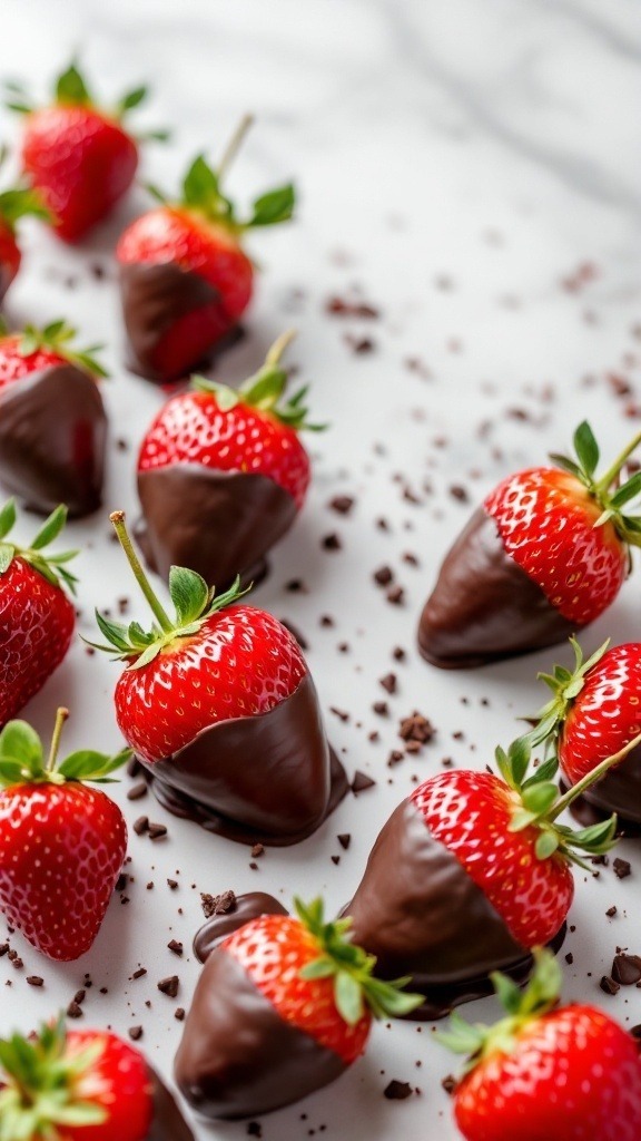 Chocolate dipped strawberries arranged on a marble surface
