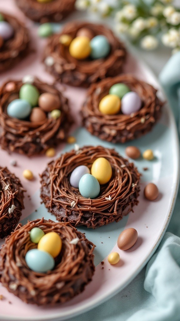 A plate of chocolate egg nest cookies decorated with colorful candy eggs