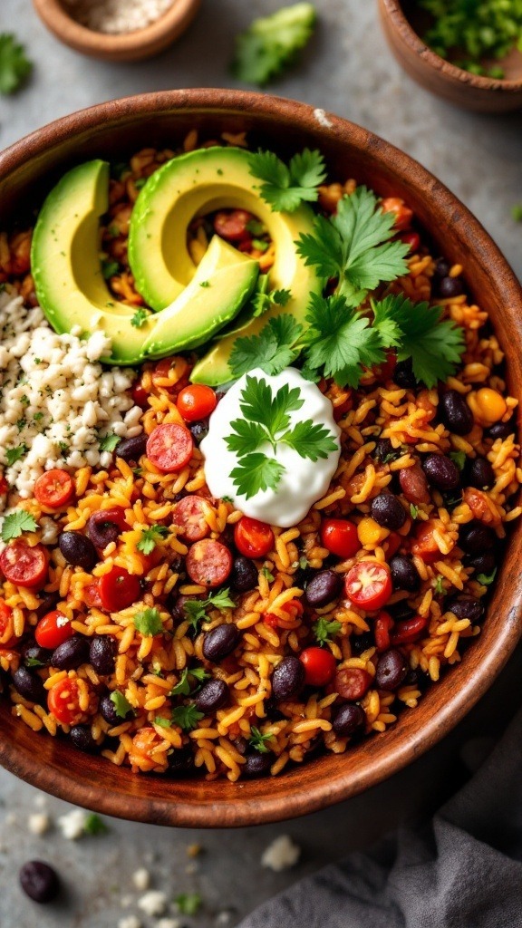 A bowl of Chorizo and Black Bean Rice with avocado, cherry tomatoes, and cilantro