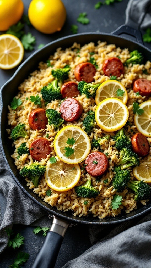 A delicious one-pan meal featuring lemon slices, sausage, broccoli, and rice in a skillet.