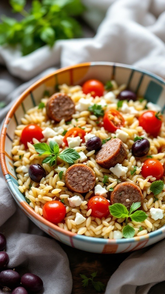 A bowl of Mediterranean sausage and orzo with cherry tomatoes, olives, and feta cheese.