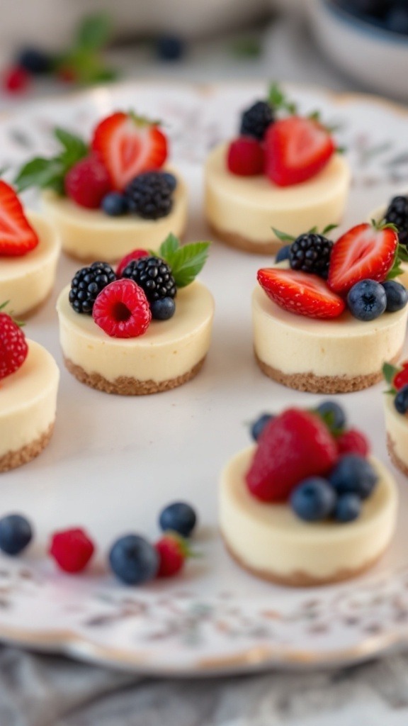 Mini cheesecake bites topped with assorted berries on a decorative plate.