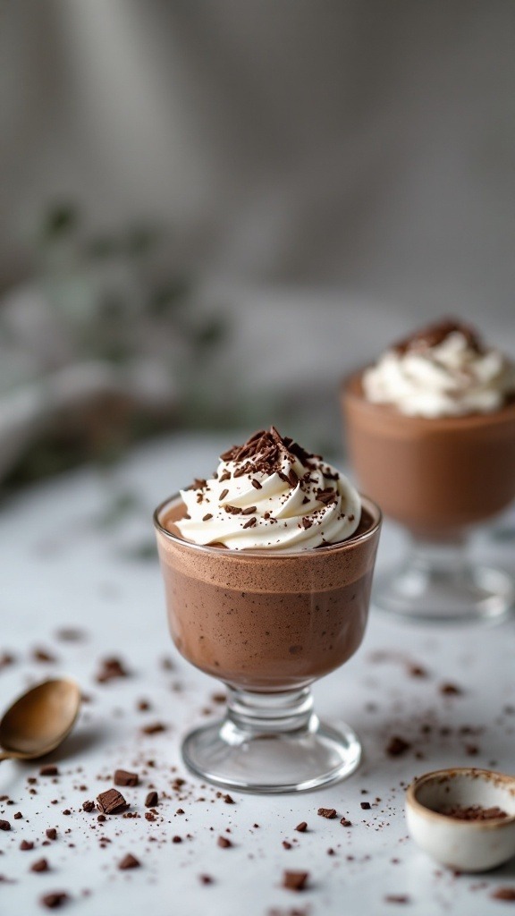 No-bake chocolate mousse cups topped with whipped cream and chocolate shavings on a white surface