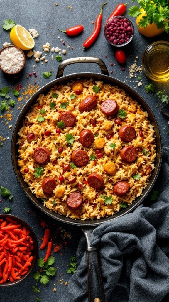 A colorful one-pan curry sausage and rice dish with spices and fresh herbs.