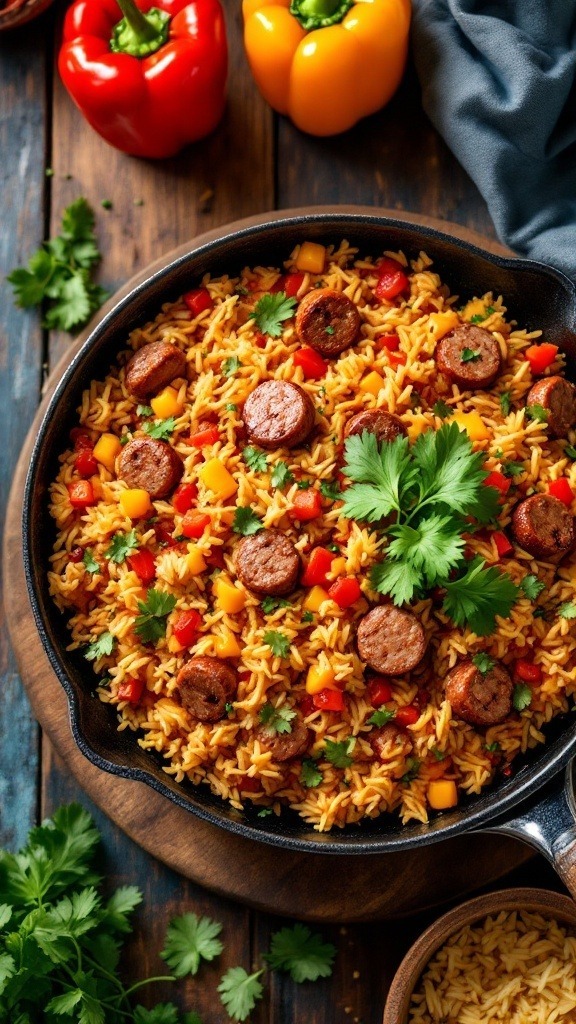 A skillet filled with colorful spicy sausage and rice, garnished with cilantro.