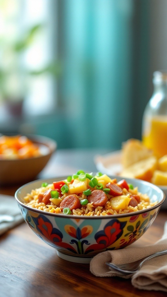 A bowl of colorful Sweet and Sour Sausage Fried Rice topped with green onions and served with a side of fruit.