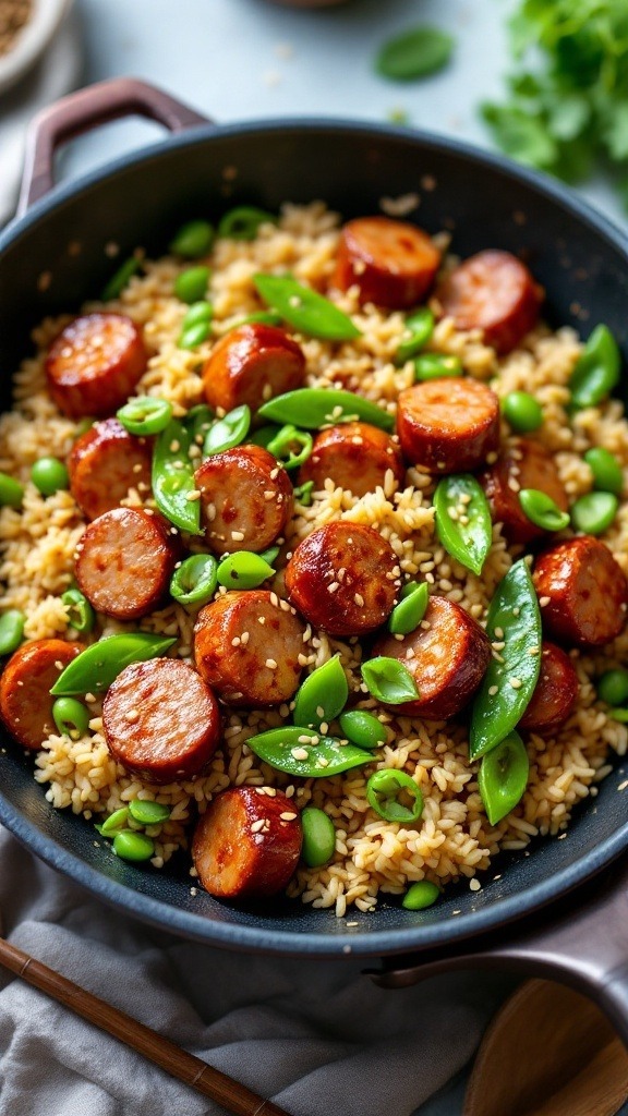 A colorful one-pan teriyaki sausage stir-fry with rice, snap peas, and edamame.